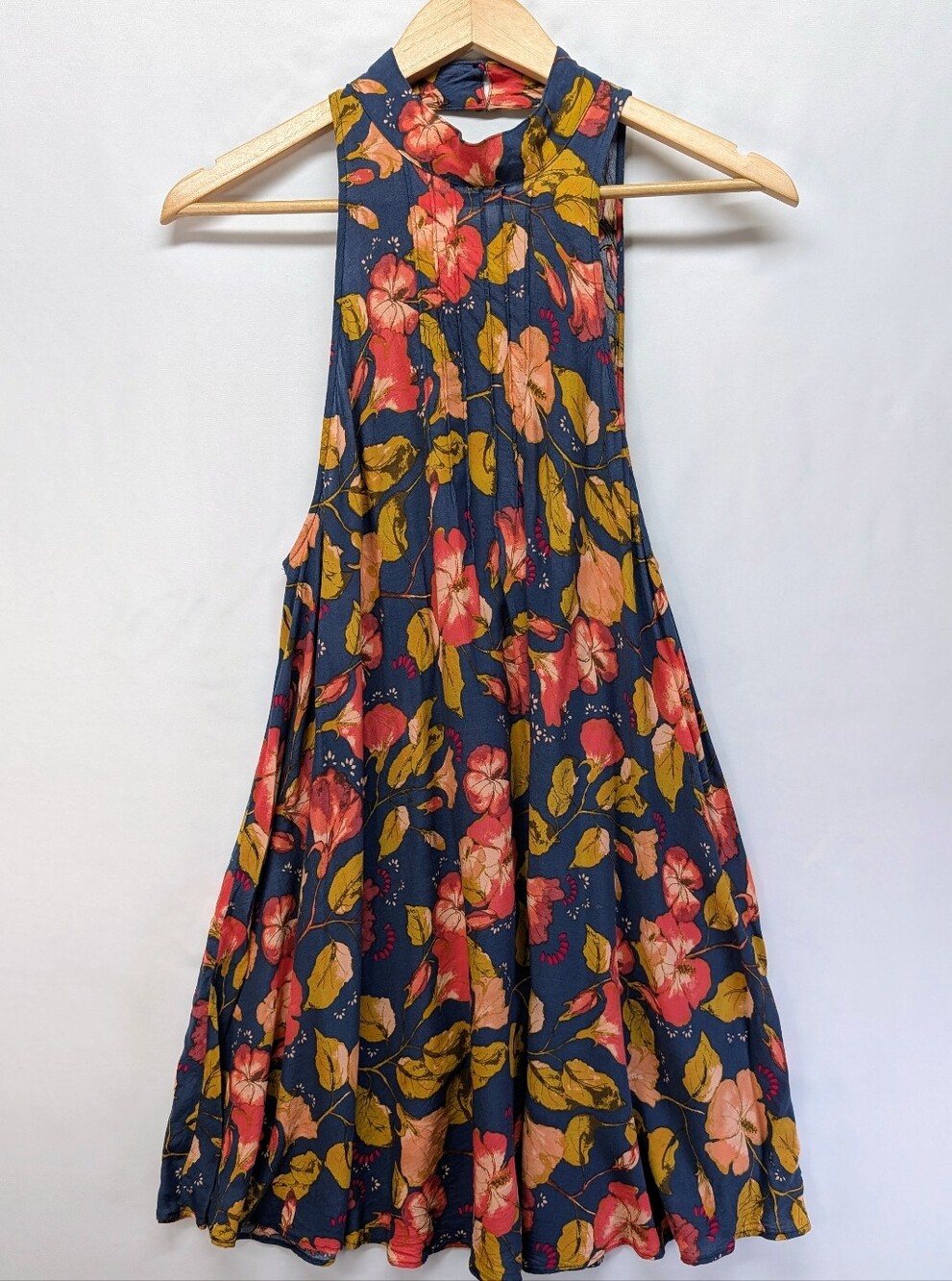 Free People Navy Floral Halter Dress with Pink & Mustard Blooms